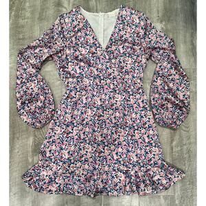 Alter’d State Floral Long Sleeve Dress Medium Pink Blue V-Neck Ruffle Hem‎